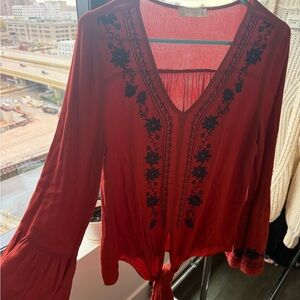 Red Blouse with Navy Embroidery